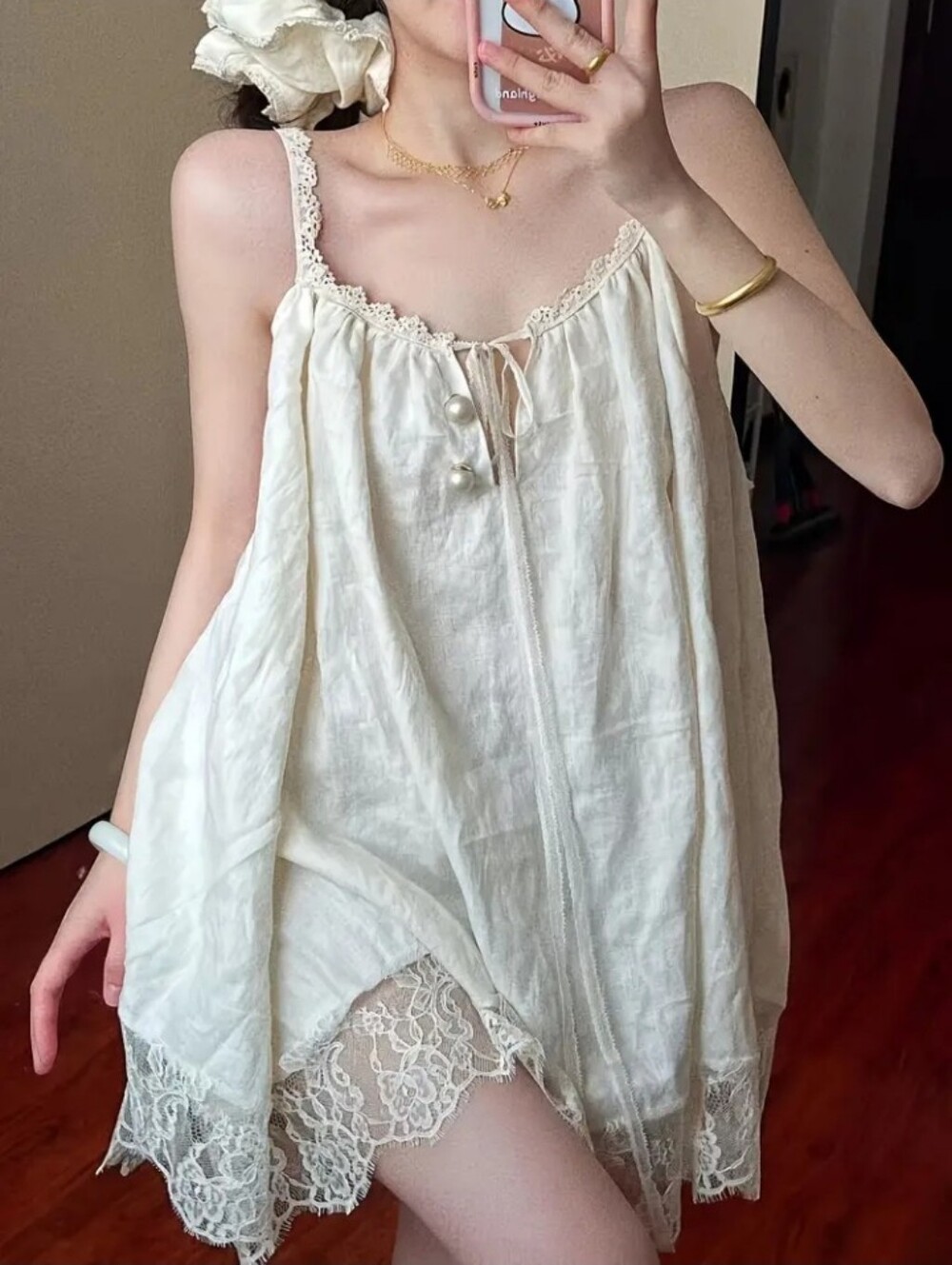 French Court Style Lace Trim Strapless Nightdress, Loose-Fitting Summer Dress - Picture 2 of 4